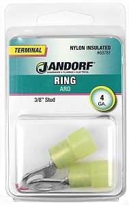 Jandorf 60781 Ring Terminal, 4 AWG Wire, 3/8 in Stud, Nylon Insulation, Copper Contact, Yellow