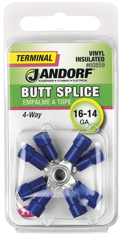 Jandorf 60859 Butt Splice Connector, 16 to 14 AWG Wire, Vinyl Insulation, Copper Contact, Blue, 2/PK