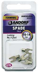 Jandorf 60910 Spade Terminal, 600 V, 16 to 14 AWG Wire, #6 Stud, Copper Contact, Tin, 5/PK