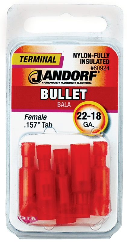 Jandorf 60924 Bullet Terminal, 600 V, 22 to 18 AWG Wire, Nylon Insulation, Copper Contact, Red, Tin, 5/PK