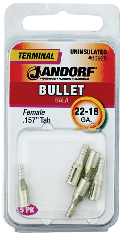 Jandorf 60926 Bullet Terminal, 600 V, 22 to 18 AWG Wire, Copper Contact, Tin, 5/PK