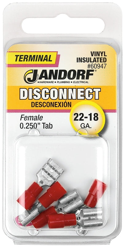 Jandorf 60947 Disconnect Terminal, 22 to 18 AWG Wire, Vinyl Insulation, Copper Contact, Red, 5/PK