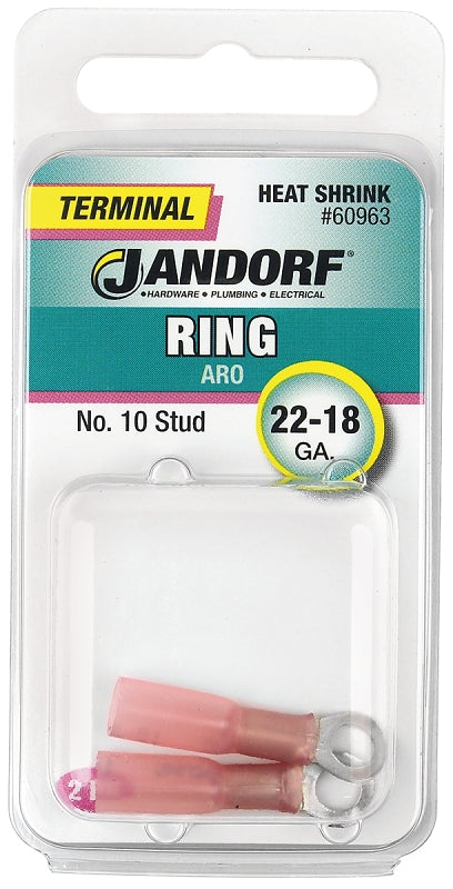 Jandorf 60963 Ring Terminal, 22 to 18 AWG Wire, #10 Stud, Pink
