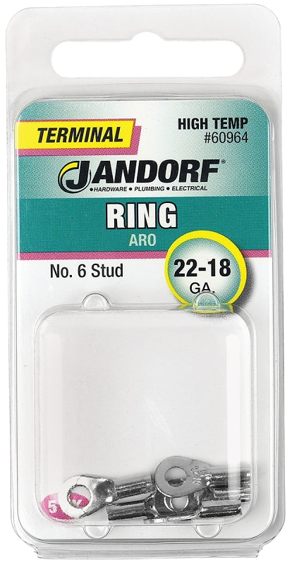 Jandorf 60964 Ring Terminal, 22 to 18 AWG Wire, #6 Stud, Copper Contact, 5/PK