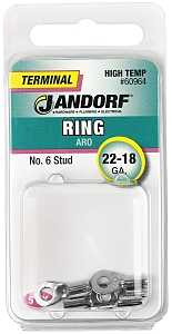 Jandorf 60964 Ring Terminal, 22 to 18 AWG Wire, #6 Stud, Copper Contact, Tin, 5/PK