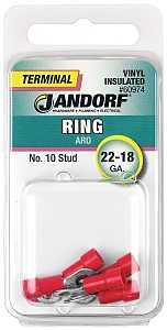 Jandorf 60974 Ring Terminal, 22 to 18 AWG Wire, #10 Stud, Vinyl Insulation, Copper Contact, Red