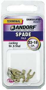 Jandorf 60977 Spade Terminal, 600 V, 22 to 18 AWG Wire, #6 Stud, Copper Contact, Tin, 5/PK