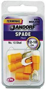 Jandorf 60997 Spade Terminal, 600 V, 12 to 10 AWG Wire, #10 Stud, Vinyl Insulation, Copper Contact, Yellow