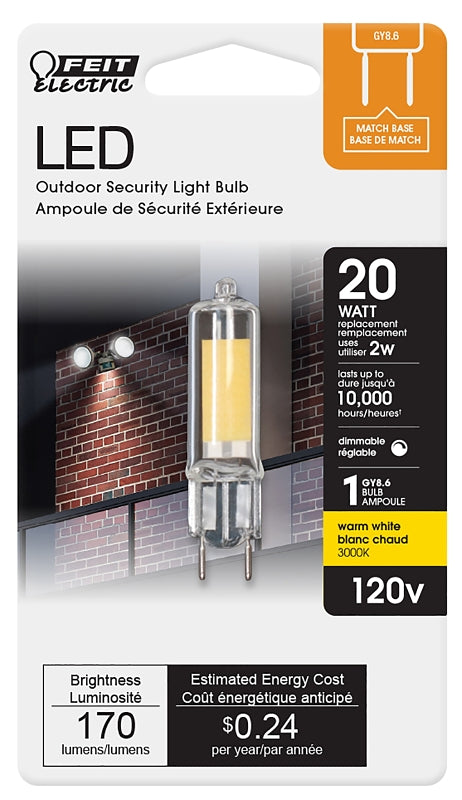 Feit Electric BP20G8.6/830/LED LED Bulb, Specialty, T4 Lamp, 20 W Equivalent, G8.6 Lamp Base, Dimmable, Clear