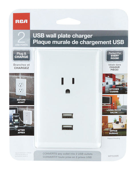 RCA USB Wall Plate Charger 2.1 amps 110 volts White