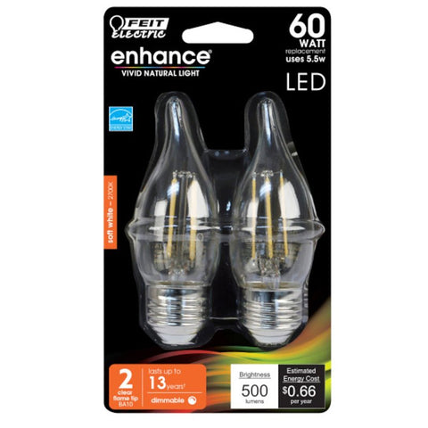 Feit Electric BPEFC60/927CA/FIL LED Bulb, Decorative, Flame Tip Lamp, 60 W Equivalent, E26 Lamp Base, Dimmable, Clear