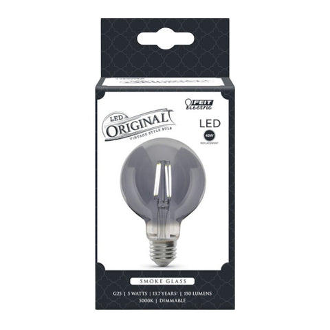 Feit Electric G25/SMK/VG/LED Globe LED Bulb, Filament, G25 Lamp, 25 W Equivalent, E26 Lamp Base, Dimmable, Smoke, Pack of 4