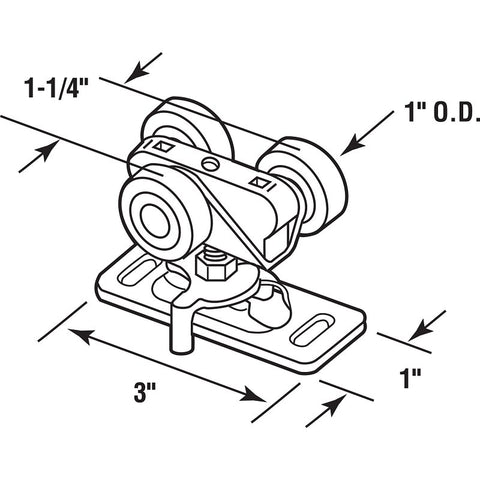 Prime-Line N 6848 Door Roller, 1 in Dia Roller, 1-1/4 in W Roller, Steel, 3-Roller, Top Center Mounting