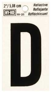 Hy-Ko RV-25/D Reflective Letter, Character: D, 2 in H Character, Black Character, Silver Background, Vinyl, Pack of 10
