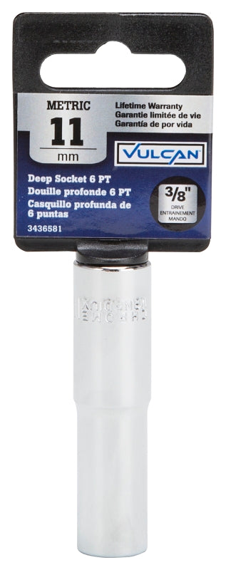 Vulcan MT6500722 Drive Socket, 11 mm Socket, 3/8 in Drive, 6-Point, Chrome Vanadium Steel, Chrome