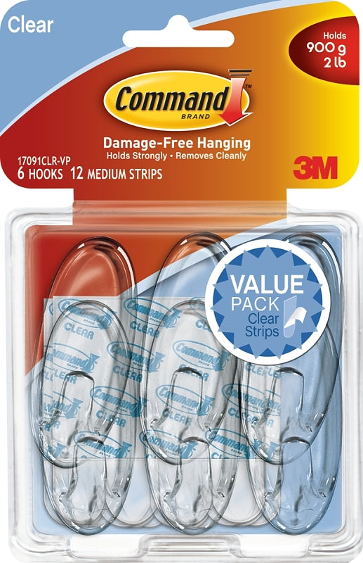 Command 17091CLR-VP Adhesive Hook, 2 lb, 6 -Hook, Plastic, Clear, Pack ...