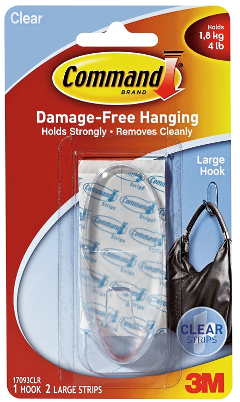 Command 17093CLR Adhesive Hook, 4 lb, 1 -Hook, Plastic, Clear, Pack of ...