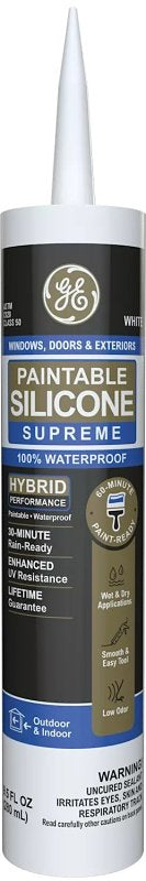 GE Paintable Silicone Supreme 2733730 Window & Door Sealant, White, 24 hr Curing, 9.5 fl-oz Cartridge