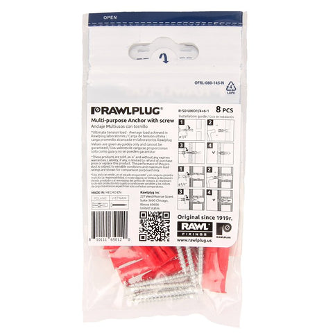Rawlplug Rawl Uno Series R-S0-UNO1/4+6-1 Multi-Purpose Anchor, 13 mm Thread, 1-1/4 in L, Polypropylene, Pack of 10