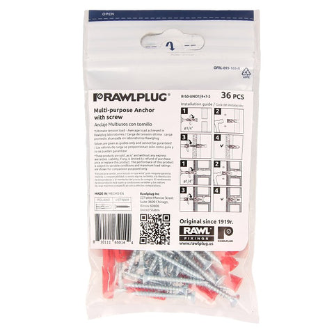 Rawlplug R-S0-UNO1/4+7-2 Drywall Anchor, 28 mm L, Nylon, 20 to 160 lb, Pack of 6