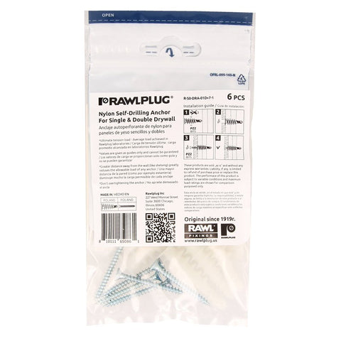 Rawlplug Rawl Rawldrive Series R-S0-DRA-01D+7-1 Wall Anchor, 13 mm Thread, 1-1/4 in L, Nylon, 90 lb, Pack of 8