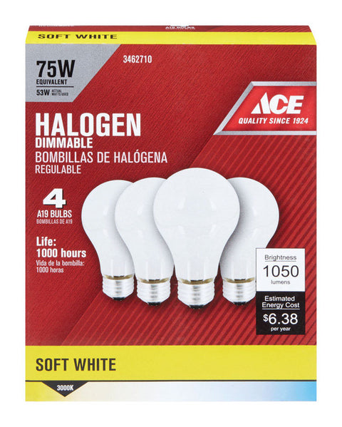 Ace Halogen Light Bulb 53 watts 890 lumens A-Line A19 Medium Base (E26) Soft White 4 pk