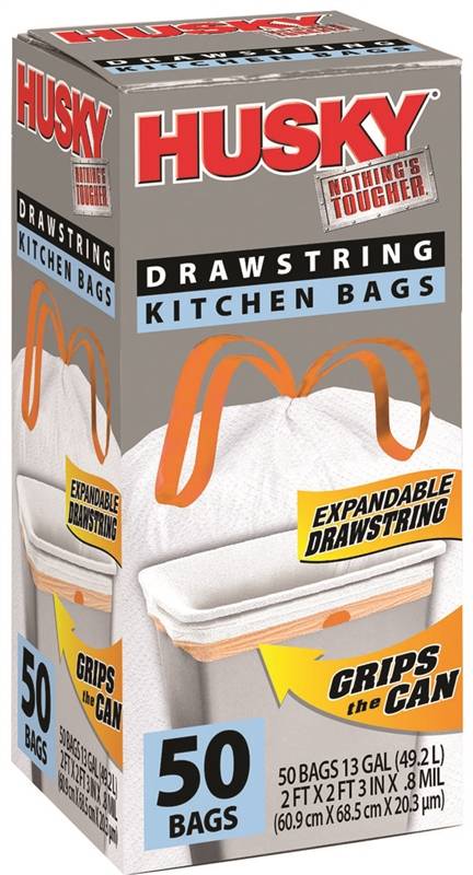 Husky HK13XDSE050W-X1 Kitchen Trash Bag, 13 gal, Poly, White