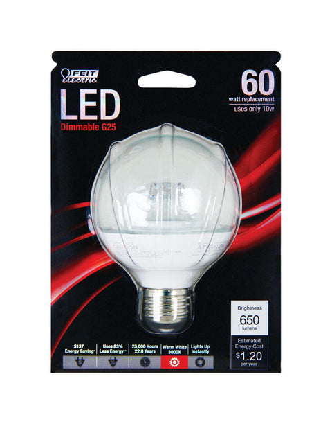 FEIT Electric LED Bulb 10 watts 650 lumens 3000 K Medium Base (E26) G25 Warm White 60 watts equ