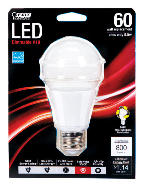 FEIT Electric LED Bulb 9.5 watts 800 lumens 3000 K Medium Base (E26) A19 Soft White 60 watts eq