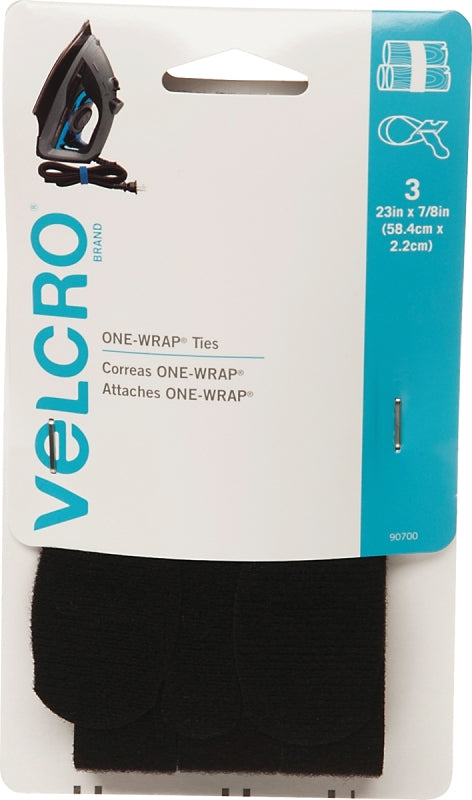 VELCRO Brand One Wrap 90700 Fastener, 7/8 in W, 23 in L, Nylon/Polypropylene, Black, Pack of 6
