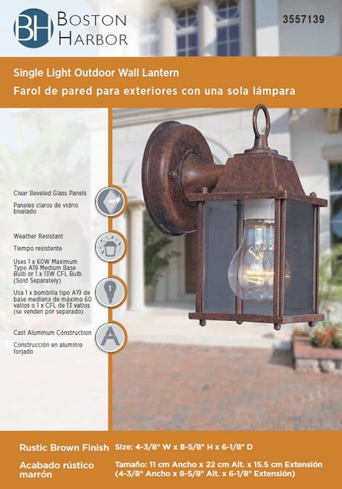 Boston Harbor AL1037-RB3L Outdoor Wall Lantern, 120 V, 60 W, A19 or CFL Lamp, Aluminum Fixture, Rustic Brown