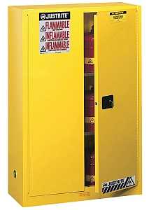 Justrite 894500 Safety Cabinet, Manual Door, 45 gal, 43 in OAW, 65 in OAH, 18 in OAD, 2-Shelf, Steel, Yellow
