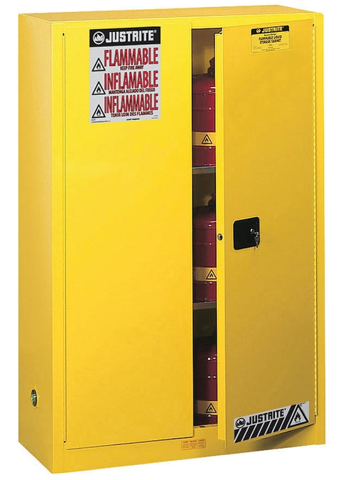 Justrite 894500 Safety Cabinet, Manual Door, 45 gal, 43 in OAW, 65 in OAH, 18 in OAD, 2-Shelf, Steel, Yellow