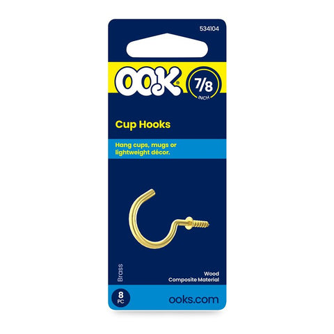 OOK 50351 Cup Hook, 7/8 in L, Brass, Pack of 12