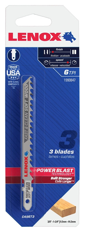 Lenox 1990847 Jig Saw Blade, 5/16 in W, 4 in L, 6 TPI, 3/PK