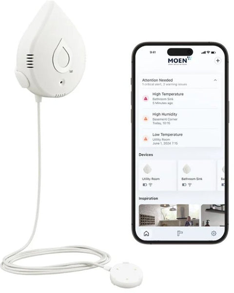 Moen 920-004 Smart Leak Detector, 3 V, Alarm Sensor, 4 ft Detection, Alarm: Audible, Floor, Wall, White