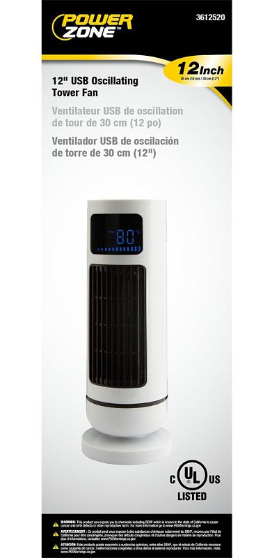 PowerZone TF-180R-R USB Oscillating Tower Fan, 5 V, 3-Speed, 60 deg Rotating, White