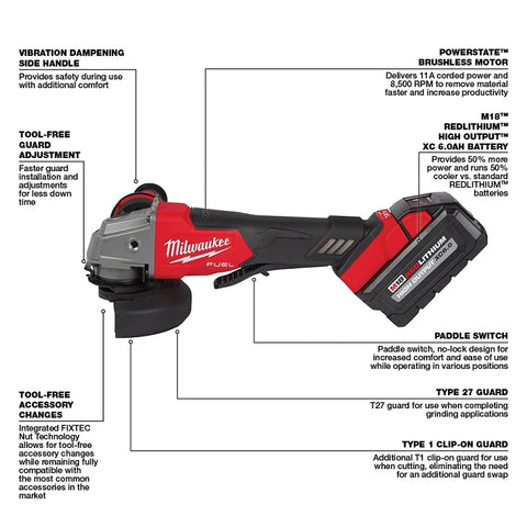 Milwaukee M18 FUEL Series 2880-22 Angle Grinder Kit, Battery Included, 18 V, 6 Ah, 5/8-11 Spindle, 4-1/2, 5 in Dia Wheel