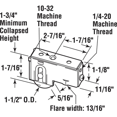 Prime-Line D 1537 Roller Assembly, 2-7/16 in L x 11/16 in W x 1-1/8 in H Dimensions, 1-1/2 in Dia Roller, Steel