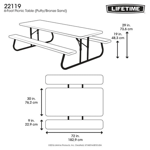 Lifetime Products 60110 Picnic Table, 30 in W, 72 in D, 29 in H, HDPE Table, Foldable