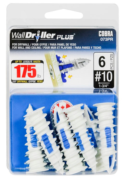 Cobra Anchors WallDriller PLUS 073PR Drywall Anchor, 2 in L, Acetyl/Nylon