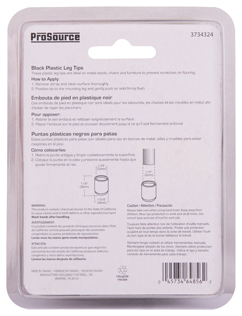 ProSource FE-50606-PS Furniture Leg Tip, Round, Plastic, Black, 1-1/4 in Dia, 1-1/8 in H