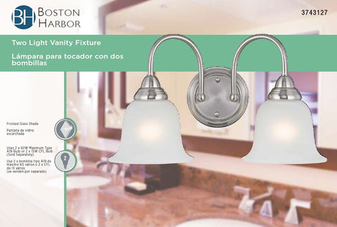Boston Harbor LYB130928-2VL-BN Wall Sconce, 60 W, 2-Lamp, A19 or CFL Lamp, Steel Fixture, Brushed Nickel Fixture