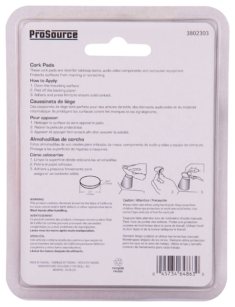 ProSource FE-50700-PS Furniture Pad, Cork, Wood, 1/2 in Dia, 5/64 in Thick, Round