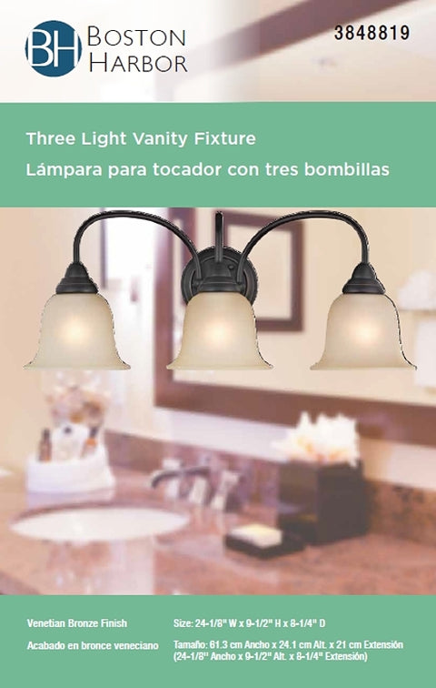 Boston Harbor LYB130928-3VL-VB Vanity Light Fixture, 60 W, 3-Lamp, A19 or CFL Lamp, Steel Fixture