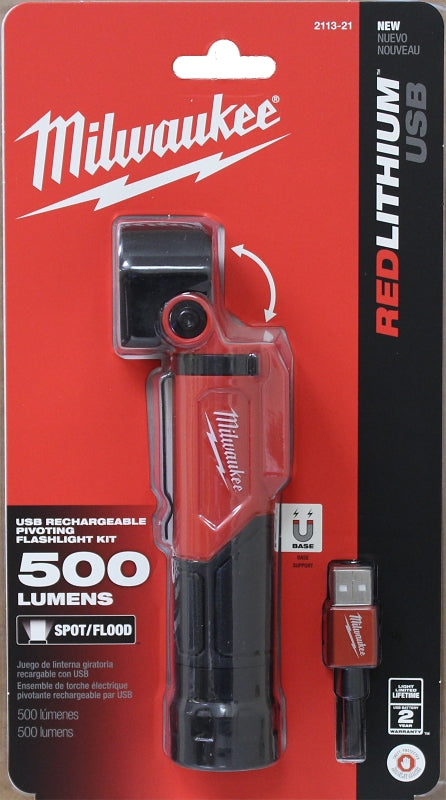 Milwaukee 2113-21 Pivoting Flashlight, Red Lithium Battery, LED Lamp, 500 Lumens Lumens, Flood, Spot Beam, Black/Red