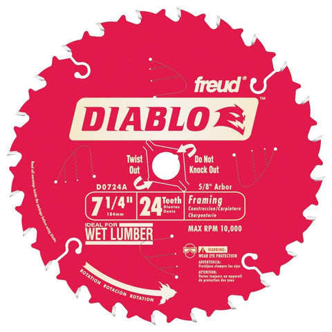 Diablo D0724A Circular Saw Blade, 7-1/4 in Dia x 0.04 in T, 24 Teeth, 5/8 in Arbor