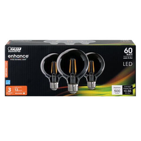 Feit Electric G2560/927CA/FIL/3 Filament LED Bulb, Globe, G25 Lamp, 60 W Equivalent, E26 Medium Lamp Base, Dimmable