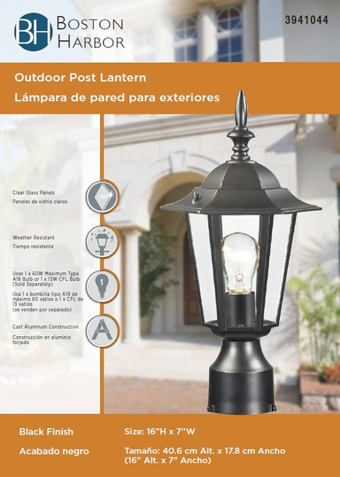 Boston Harbor AL8044-BK Post Lantern, 120 V, 60 W, A19 or CFL Lamp