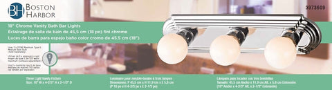 Boston Harbor 046043-CHROME Vanity Bar Fixture, 100 W, 3-Lamp, G Lamp, Steel Fixture, Polished Chrome Fixture